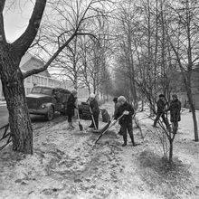 Уборка на улице Советской | ЖКХ. 1976 г., г.Северодвинск. Фото #C14563.