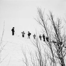 группа мальчиков-лыжников на заснеженной дюне | Спорт. 1979 г., г.Северодвинск. Фото #C880.