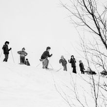 группа мальчиков-лыжников катается с дюн  | Спорт. 1979 г., г.Северодвинск. Фото #C881.