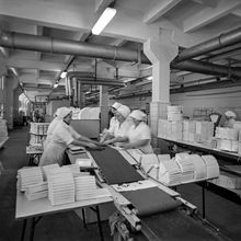 Линия по упаковке конфет на пищекомбинате | Предприятия. 1982 г., г.Северодвинск. Фото #C14738.