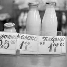 Ценник на молочные продукты | Торговля. 1990-e гг., г.Северодвинск. Фото #C13944.